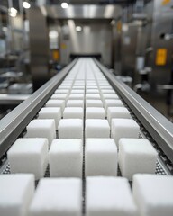 Fototapeta premium Rows Of White Sugar Cubes On Industrial Conveyor Belt In Modern Factory
