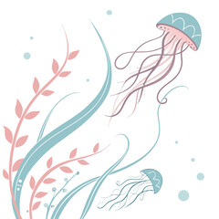 Pink and blue jellyfish swimming with seaweed © Arif