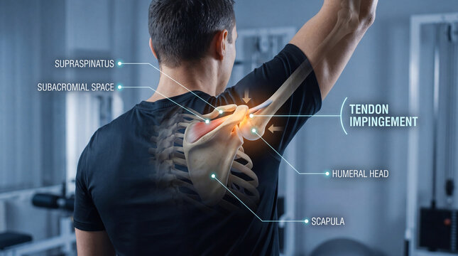 Shoulder tendon impingement anatomy concept with scapula and supraspinatus