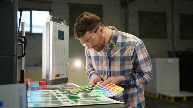 Graphic designer checking color swatches at printing plant