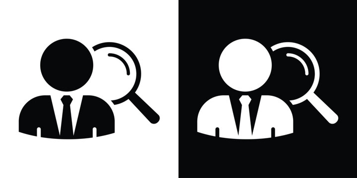 Professional corporate avatar combined with a prominent magnifying glass, perfect for headhunting, talent recruitment, job candidate vetting, and quality auditing.