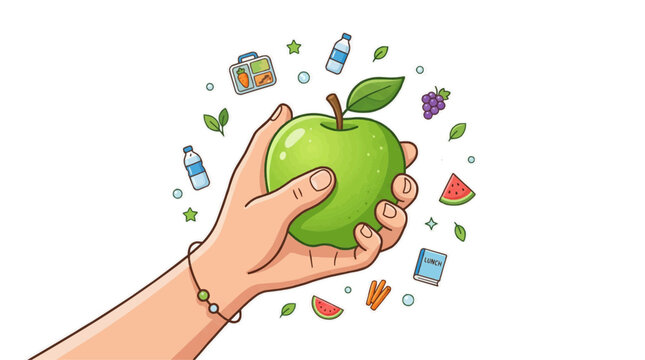 Hand holding a green apple surrounded by healthy food and lunch items