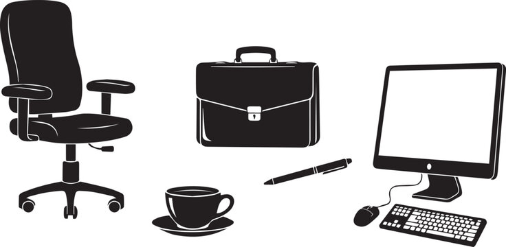 Office workplace silhouette icons set, business and corporate equipment collection, modern desk accessories, black vector illustration isolated bundle