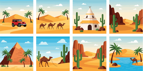 Desert Landscape Vector Illustration Set with Camels Pyramids Sand Dunes Cactus Oasis Palm Trees Mud House and Offroad Vehicle Scene Backgrounds © MdShakil