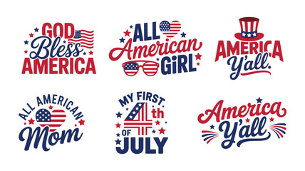 Patriotic typography set for independence day including all american mom and fourth of july phrases. © Anukul Debnath