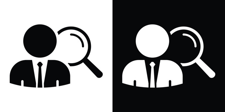 Professional corporate avatar combined with a prominent magnifying glass, perfect for headhunting, talent recruitment, job candidate vetting, and quality auditing.