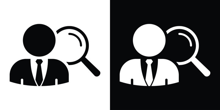 Professional corporate avatar combined with a prominent magnifying glass, perfect for headhunting, talent recruitment, job candidate vetting, and quality auditing.
