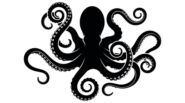 A black silhouette of an octopus with curled tentacles