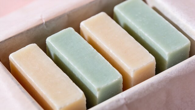 Natural handmade soap bars pastel skincare products artisan cosmetic collection organic cleansing blocks minimal spa aesthetic luxury bath accessories wellness hygiene concept soft color palette recta