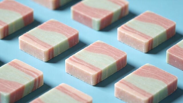 Natural handmade soap bars pastel skincare products artisan cosmetic collection organic cleansing blocks minimal spa aesthetic luxury bath accessories wellness hygiene concept soft color palette recta