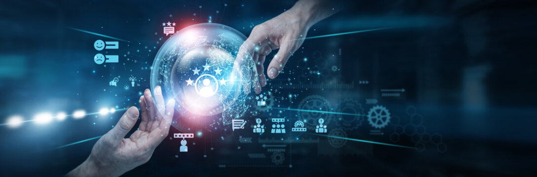 Manager Hands of human touching on customer satisfaction network connection, service quality feedback systems enhancing user experience loyalty engagement. business success growth.