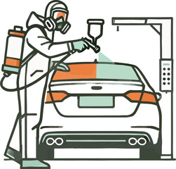 Naklejka premium Person in protective suit spray painting a car painting