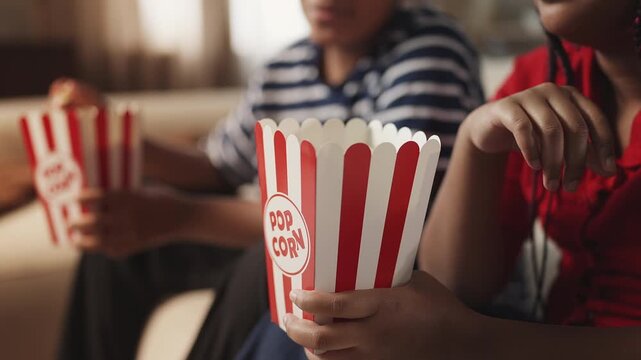 Positive African American children watching comedy and eating popcorn at home