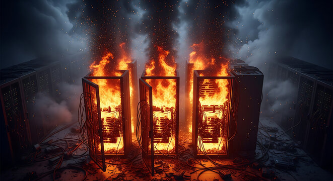 Digital illustration of three industrial server units engulfed in flames and smoke, depicting a catastrophic overheating failure with a dark, stormy background and dramatic lighting