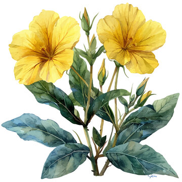 Evening Primrose Flower, elegant watercolor illustration luminous highlights, isolated on a white background.