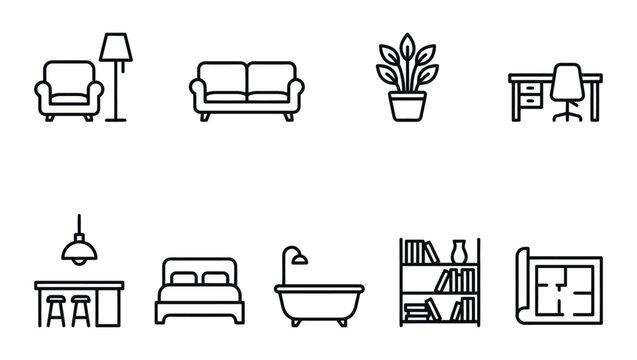 A tasteful arrangement of line icons representing key pieces of furniture and home accessories for interior design and living spaces.