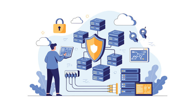 Network administrator monitors secure server infrastructure to ensure data protection and cybersecurity stability.