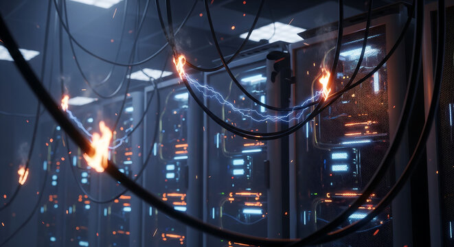dramatic closeup perspective of industrial server room racks showing intense overheating with glowing blue electrical sparks and flickering neon lights illuminating the high-tech infrastructure