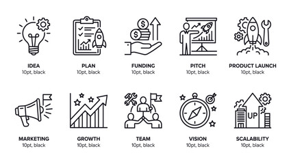 Fototapeta premium A series of icons representing the essential stages and concepts of business development and startup growth.