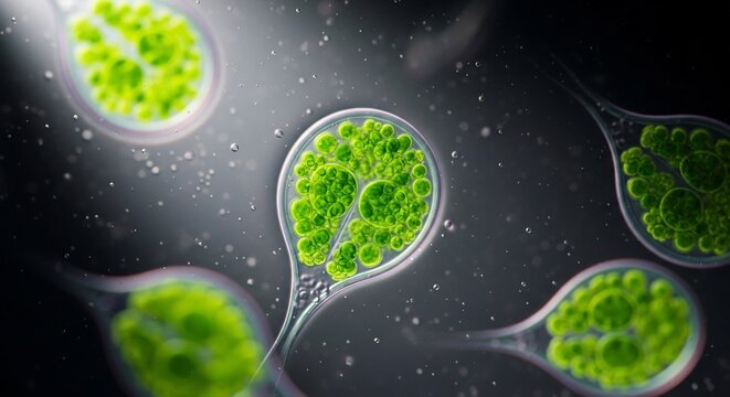 Microscopic view of Volvox algae colonies in their natural habitat.