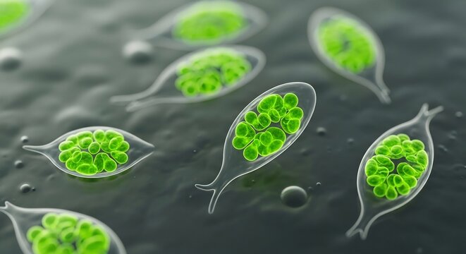 Microscopic view of green Chlamydomonas algae cells with visible chloroplasts.