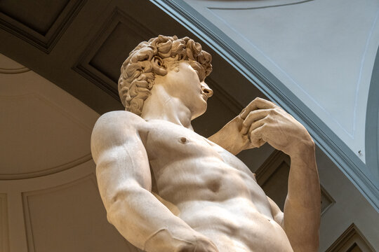 Florence, Italy - 17 Sep 24: Close-up low angle of Michelangelo's David, Florence museum