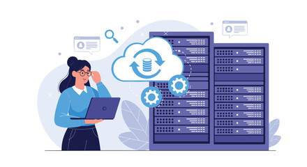 Fototapeta premium IT professional woman using a laptop in a data center with cloud storage and server synchronization symbols on the screen.