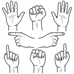 Fototapeta premium A collection of six different hand gestures and poses drawn in black and white.