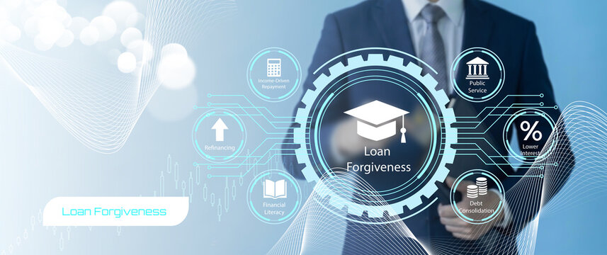 Professional illustrating student loan forgiveness concept with futuristic financial technology interface and business person
