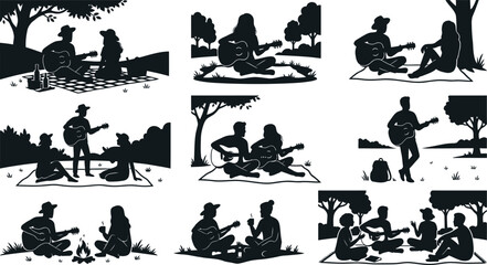 Obraz premium People relaxing with guitars in a park isolated on white background, Vector