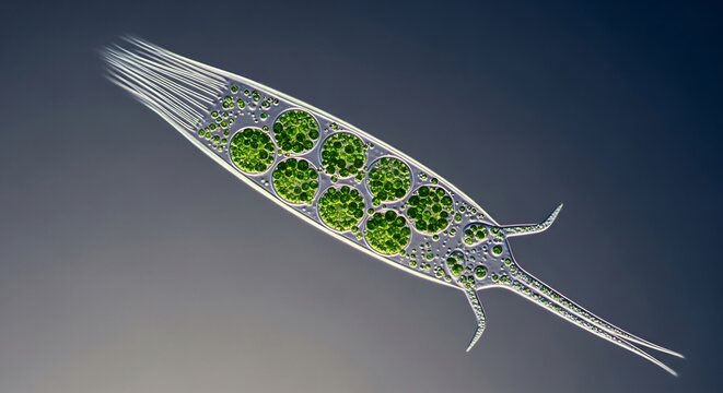 Microscopic view of Euglena gracilis a single celled organism with green chloroplasts.