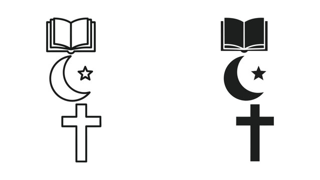 Islamic Crescent Moon and Star with Cross Symbols Line Art Vector Icons