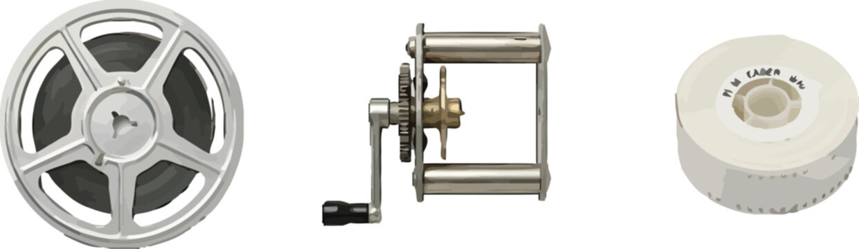 Vintage film editing equipment set including reels, splicer, scissors, cement, and magnifying glass in flat vector style