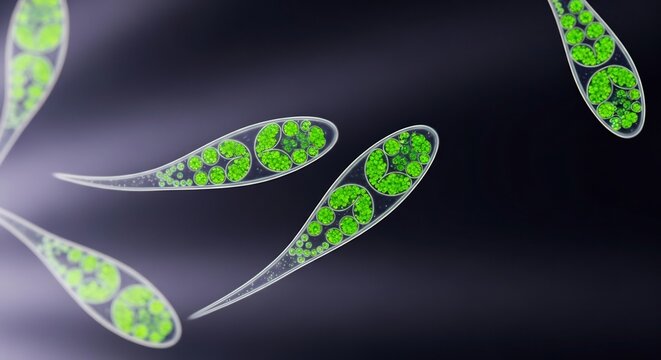 Microscopic View of Euglena Cells with Vibrant Green Chloroplasts.