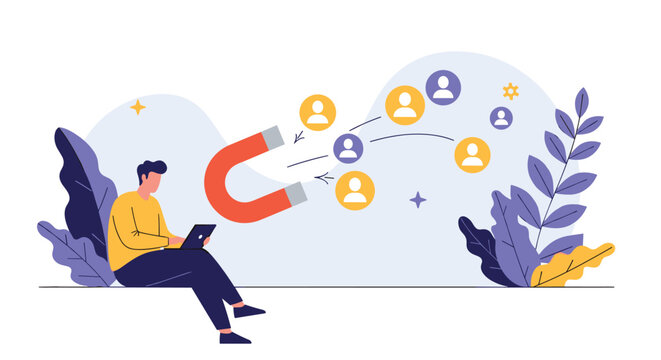 Marketing specialist uses a giant magnet to attract new potential leads and customer icons on a digital interface.