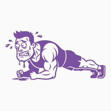 Exhausted man struggling to do push-up with funny expression. Humorous fitness cartoon illustration. Perfect for gym motivation memes, fitness humor, and beginner workout content.