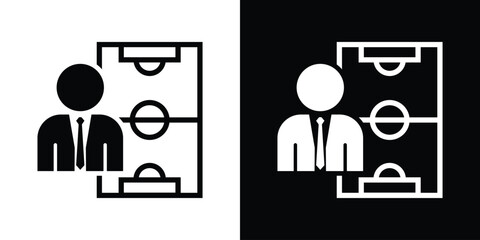 Corporate coach or manager avatar over a soccer field tactic layout, ideal for sports strategy planning, team coaching, game analysis, and business management tactics. © bibin