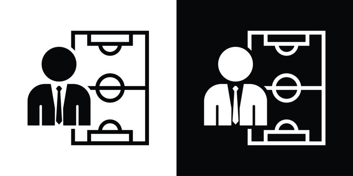 Corporate coach or manager avatar over a soccer field tactic layout, ideal for sports strategy planning, team coaching, game analysis, and business management tactics.