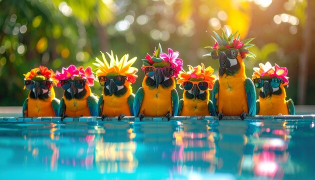 Group of Colorful Macaw Parrots Wearing Sunglasses Relaxing at the Edge of a Tropical Swimming Pool