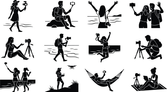 People taking creative photos in various styles isolated on white background, Vector