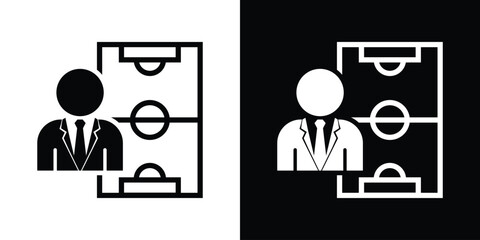 Corporate coach or manager avatar over a soccer field tactic layout, ideal for sports strategy planning, team coaching, game analysis, and business management tactics. © bibin