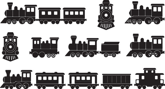 Vintage steam train icons collection black silhouette vector graphics