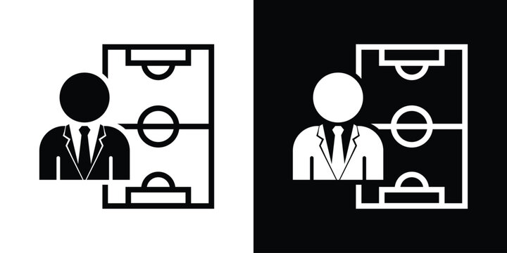 Corporate coach or manager avatar over a soccer field tactic layout, ideal for sports strategy planning, team coaching, game analysis, and business management tactics.