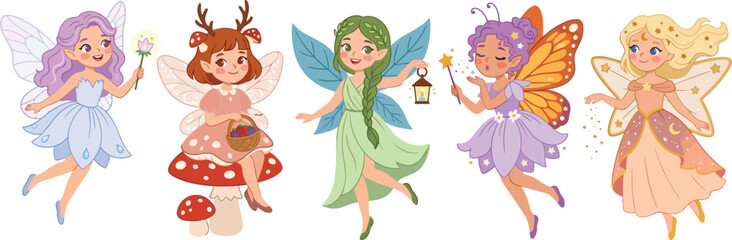 Fototapeta premium Five cartoon fairies with different colored hair and wings standing in a row