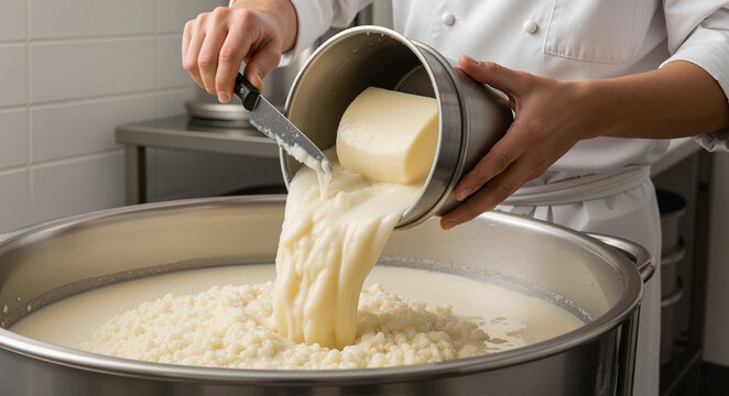 Cheesemaker Pouring Cream Into Vat, Dairy Production