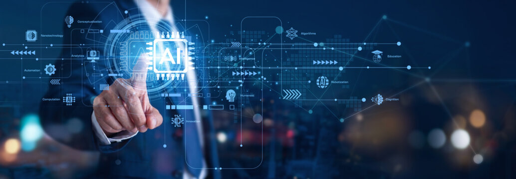 Artificial Intelligence automates complex data logic. A data scientist hand touch Artificial Intelligence icon to solve tasks. This neural network logic is a revolutionary technology concept.