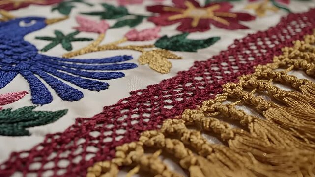 Closeup of intricate blue bird embroidery on fabric with floral motifs and fringe.