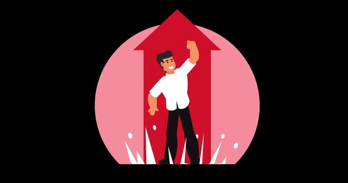 Animated vector of a man rising with a red arrow. Represents success, growth, and achievement. Perfect for business and financial presentations.