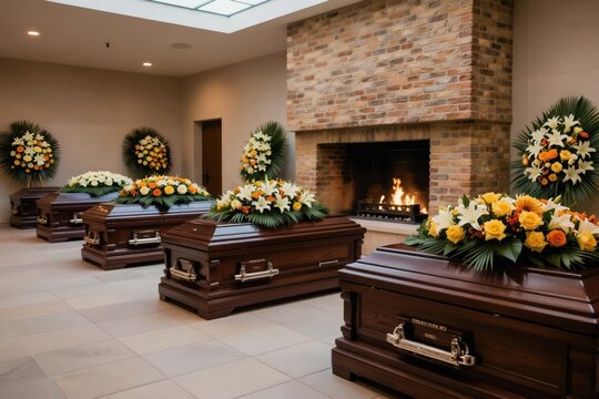 Dark wood caskets with floral tributes rest in a warm room. A fireplace burns brightly behind the coffins. Funeral flowers adorn the polished wood surfaces.