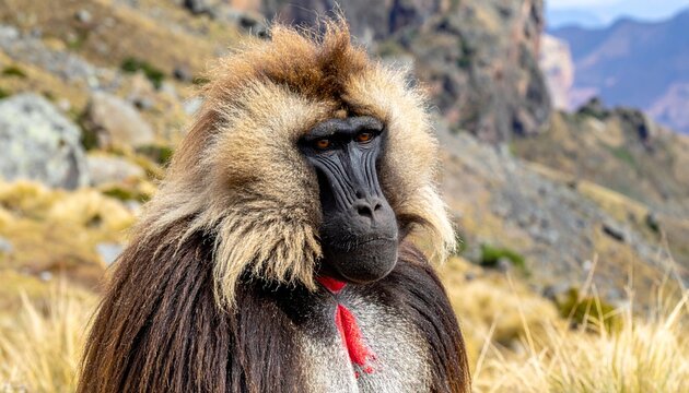 Close-up portrait of male gelada baboon with bright red chest patch in mountain habitat